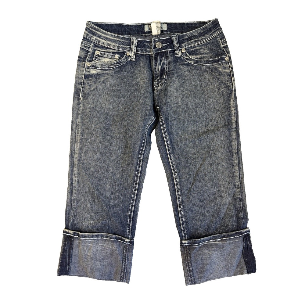Vtg Y2K Rico Low Rise Denim Capris 5 Rhinestone Studded Cuffed Crop Blue Jeans